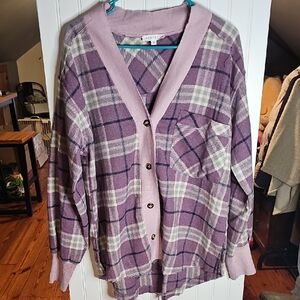 Aemi & Co Plaid Lavender Button-Front Pocket Cardigan Sweater